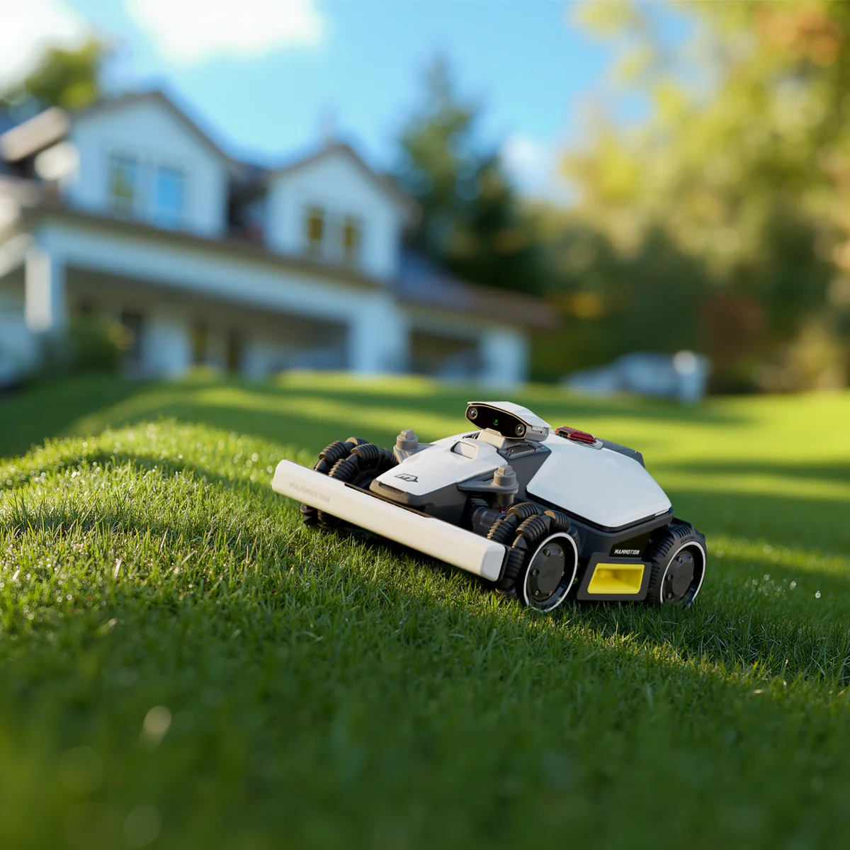 Robotgräsklippare på en gräsmatta med sjötomt.